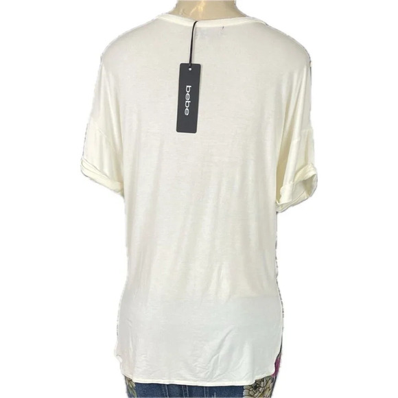 Bebe L Cream Metallic Studded Animal Print Design Logo-V-Neck Short Sleeve Top - Picture 4 of 6